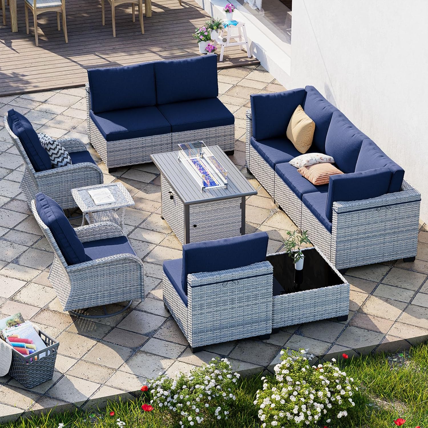 11-Piece Outdoor Patio Furniture Set with Fire Pit Table