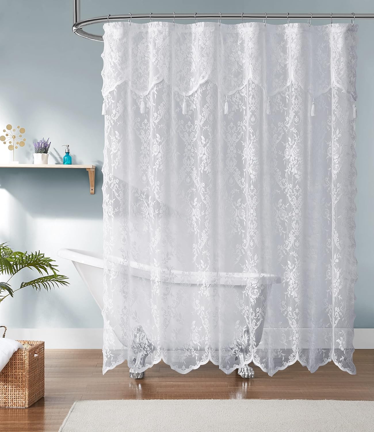 Farmhouse Luxury: White Lace Shower Curtain with Valance & Tassels
