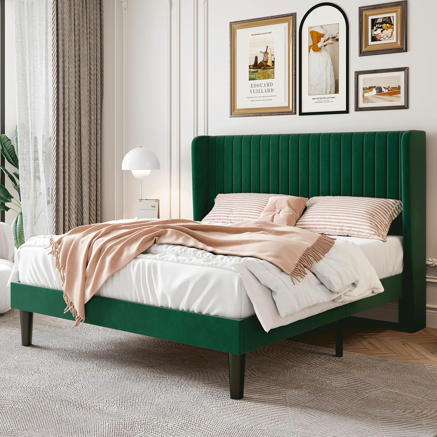 SHA CERLIN Queen Size Velvet Bed Frame with Wingback Headboard