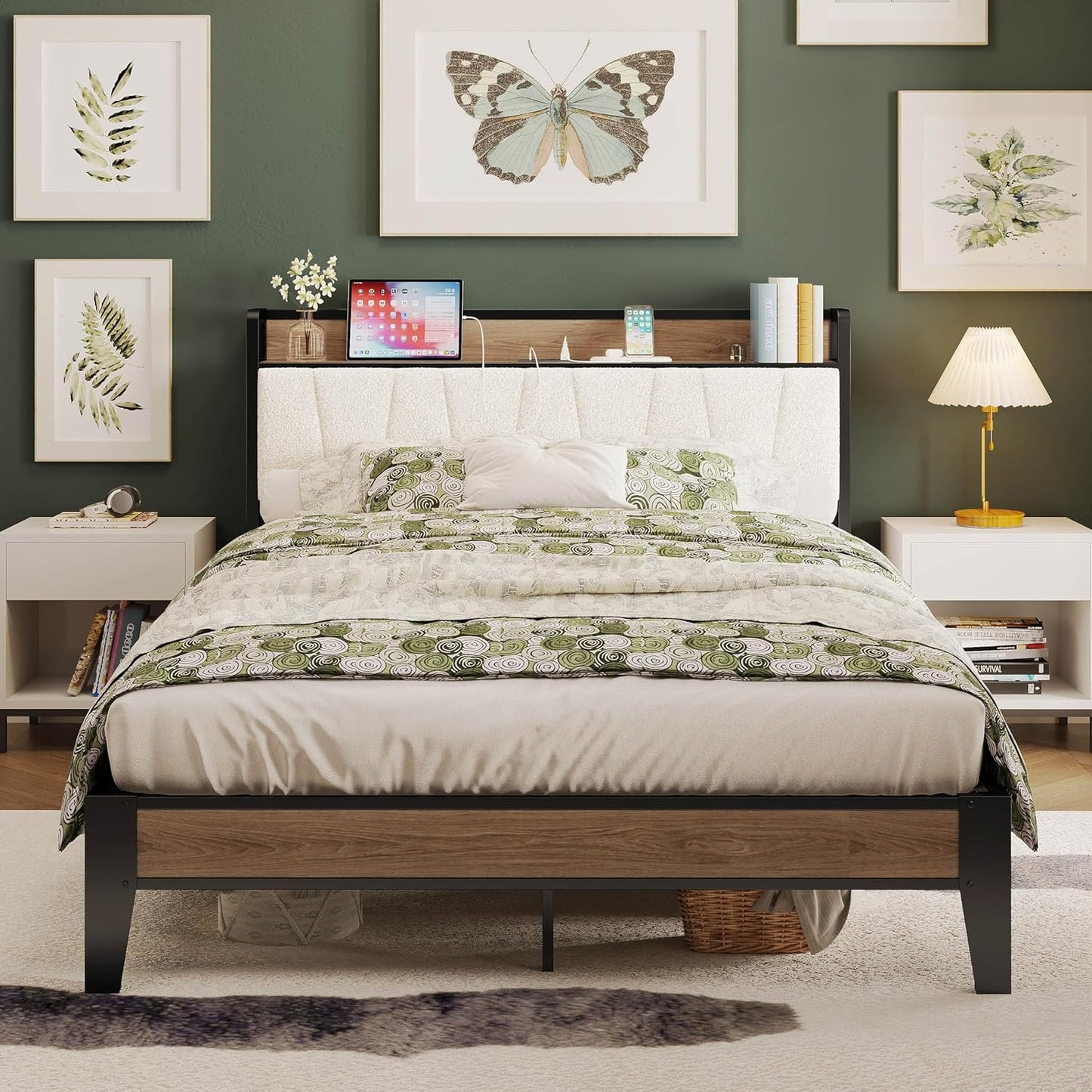 LIKIMIO Full Bed Frame with Storage Headboard and Charging Station