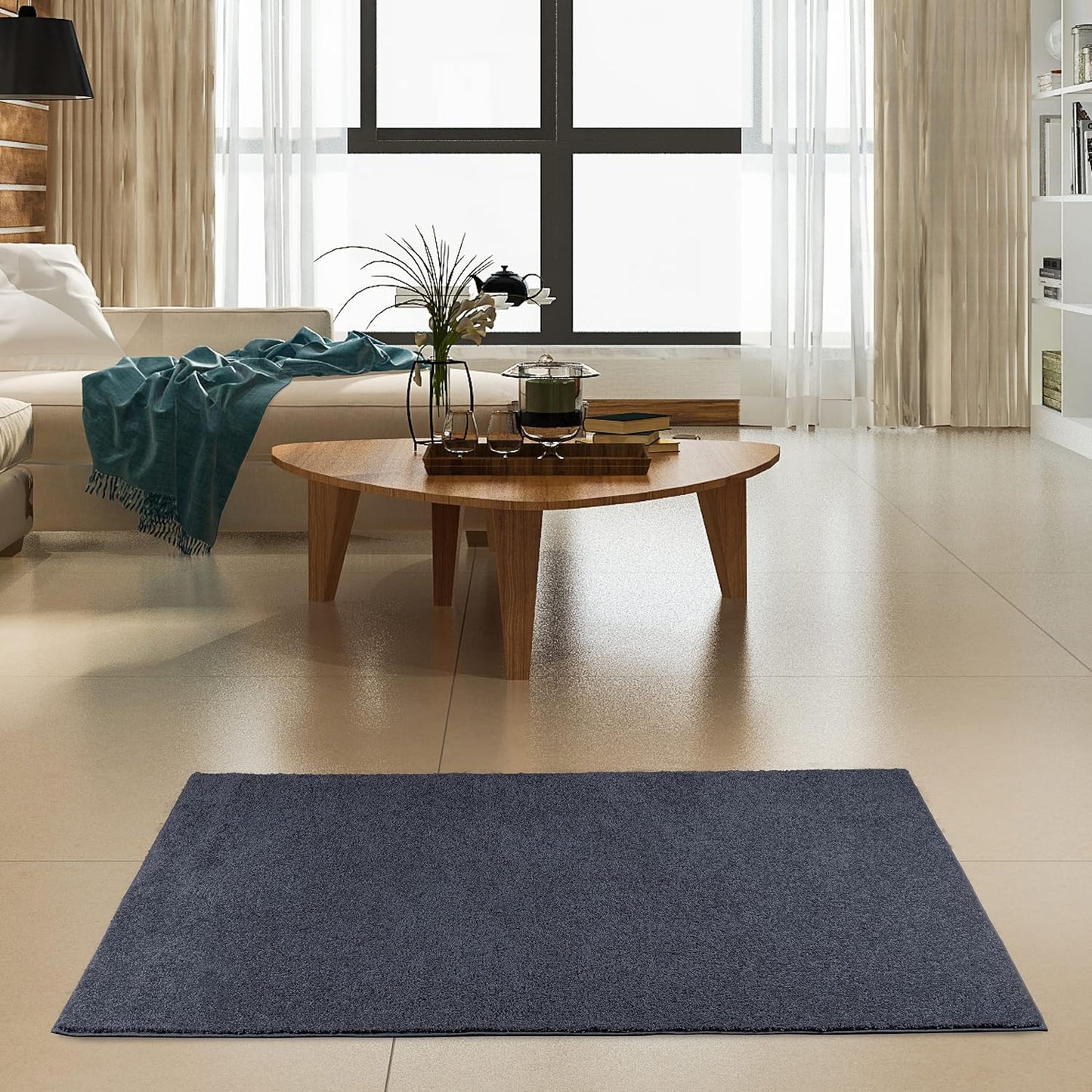 Pet Friendly Solid Color Area Rugs in Petrol Blue for Home