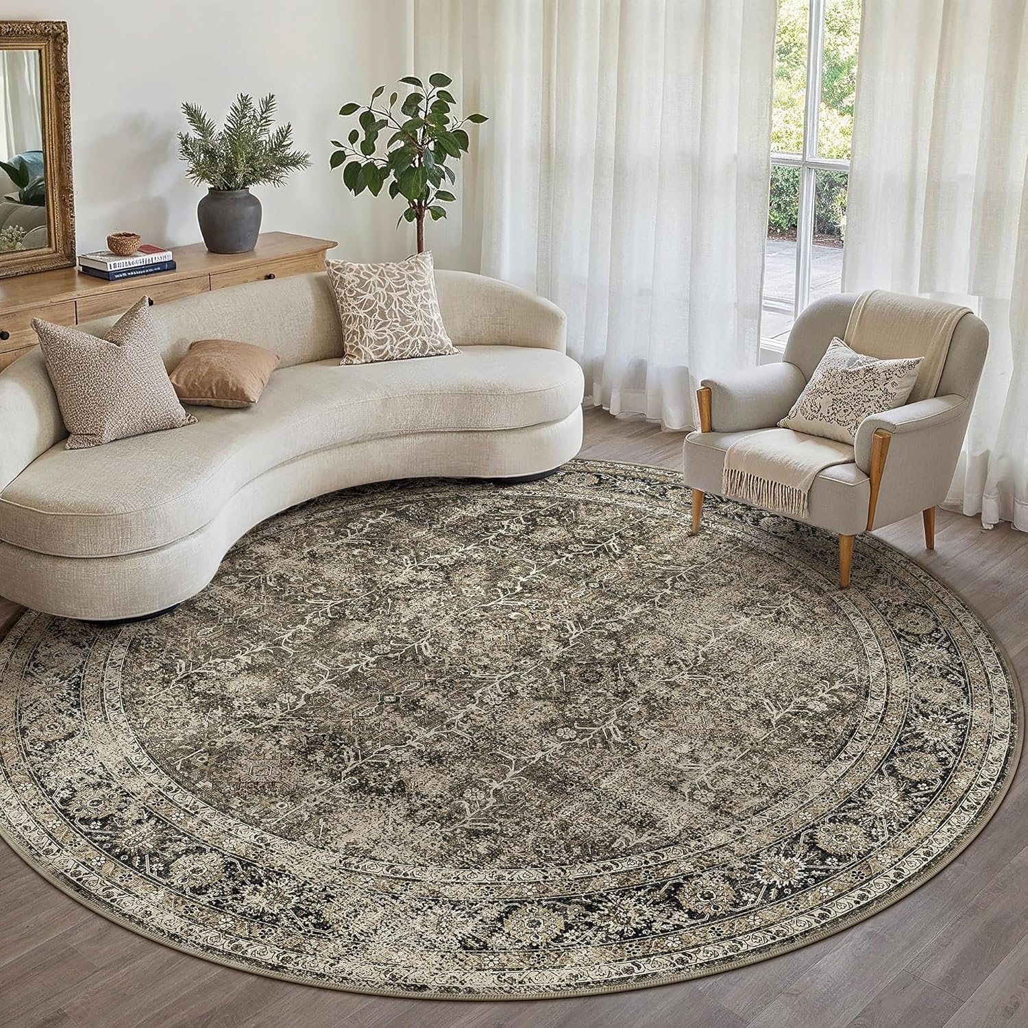 Brown Round Area Rug 6ft Washable Vintage Low Pile Carpet