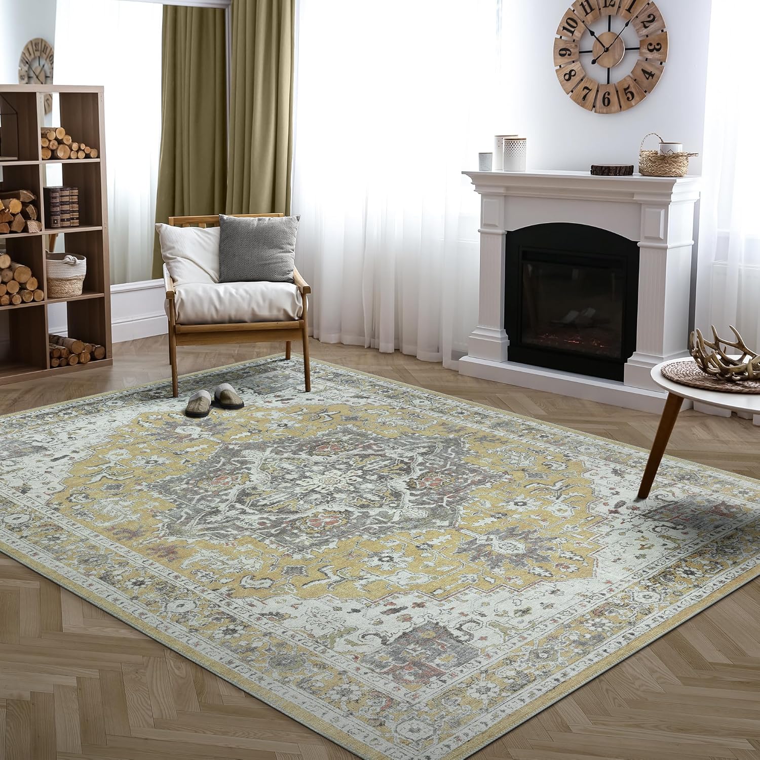 Bloom Rugs Washable Non-Slip 9ft x 12ft Yellow Medallion Rug