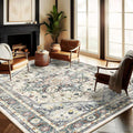 Washable Area Rug 10 ft x 14 ft Cyan Khaki Retro Flowers - Easy Care