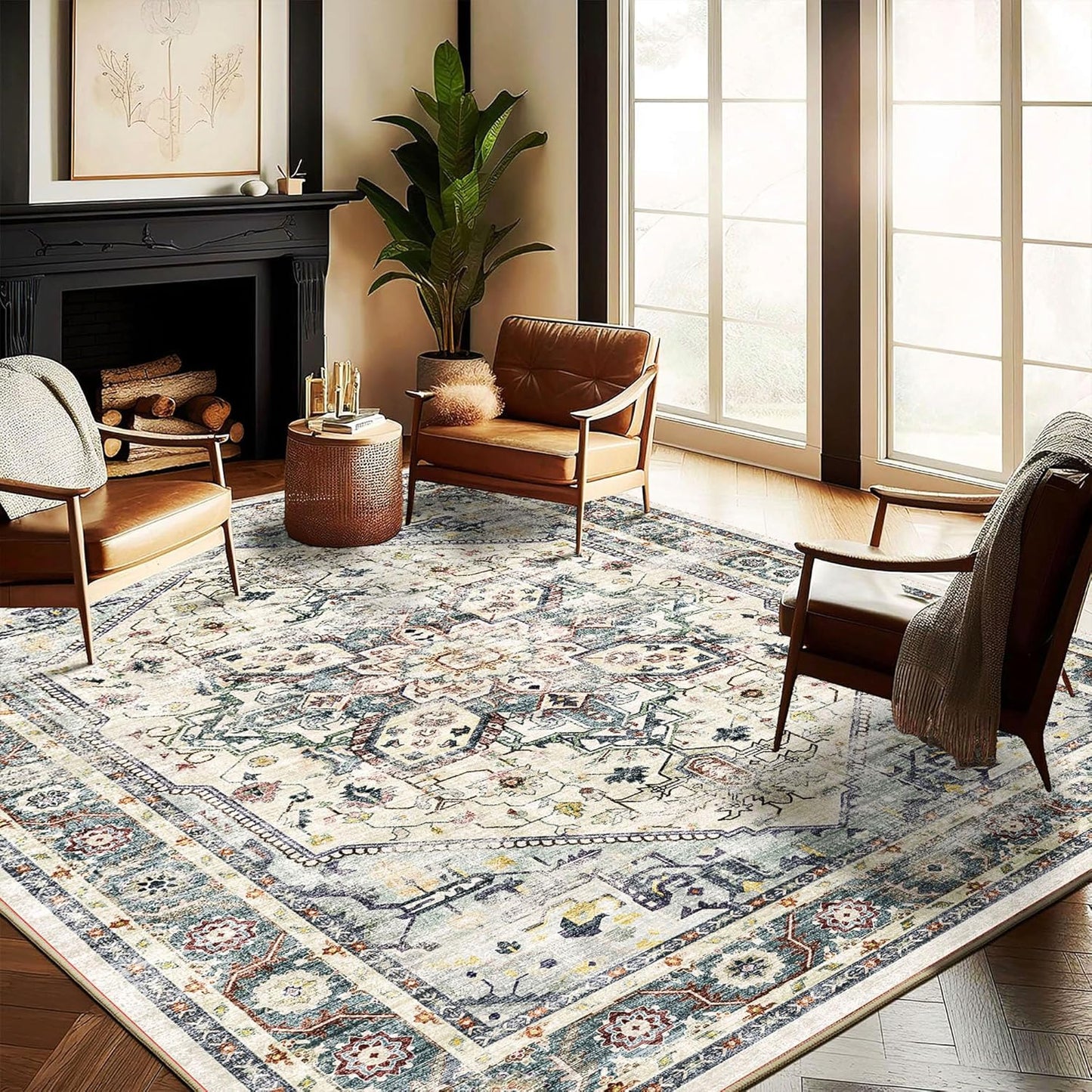 Washable Area Rug 10ftx14ft Retro Flowers Boho Design for Home