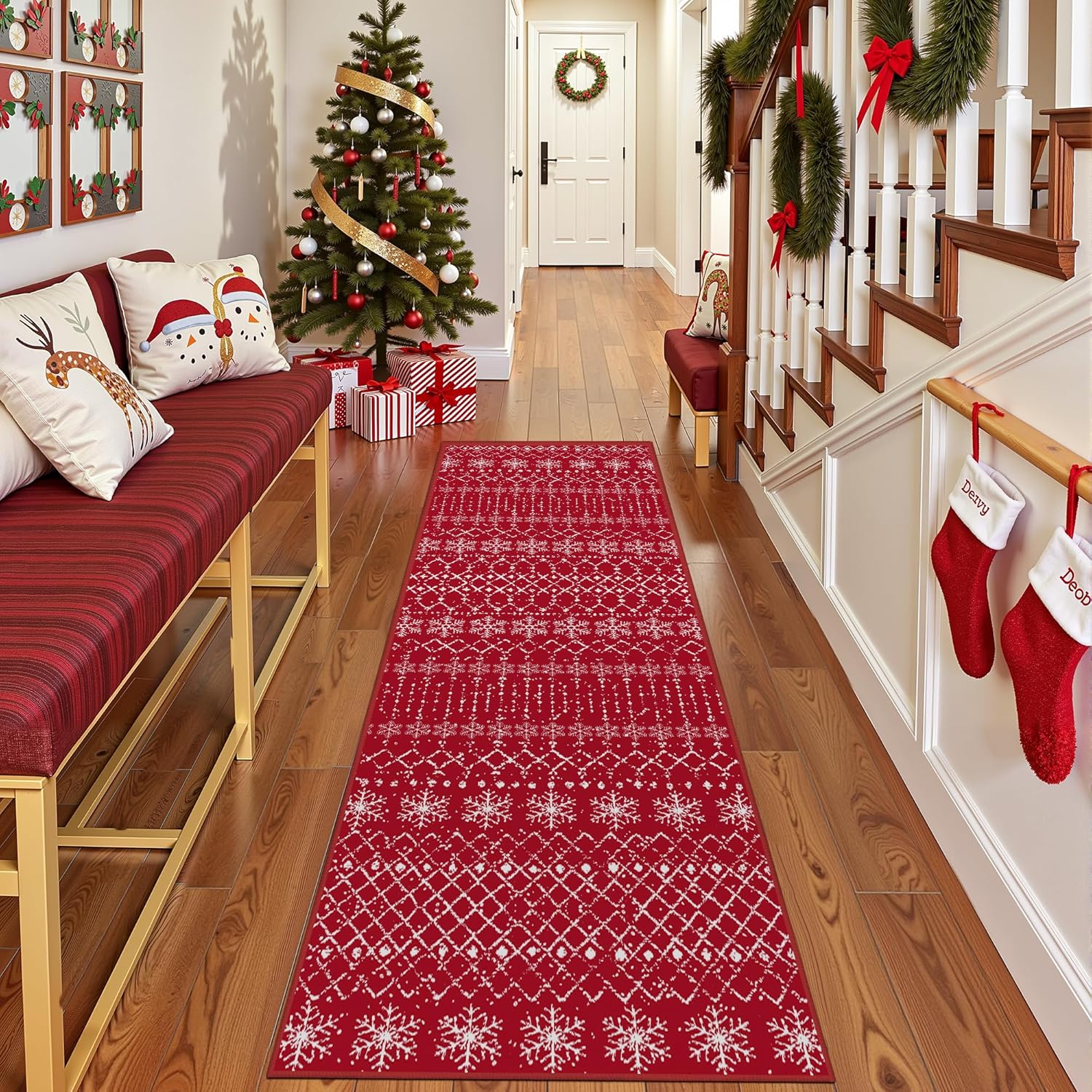 Christmas Runner Rug 2x6 Red Festival Snowflake Non Slip