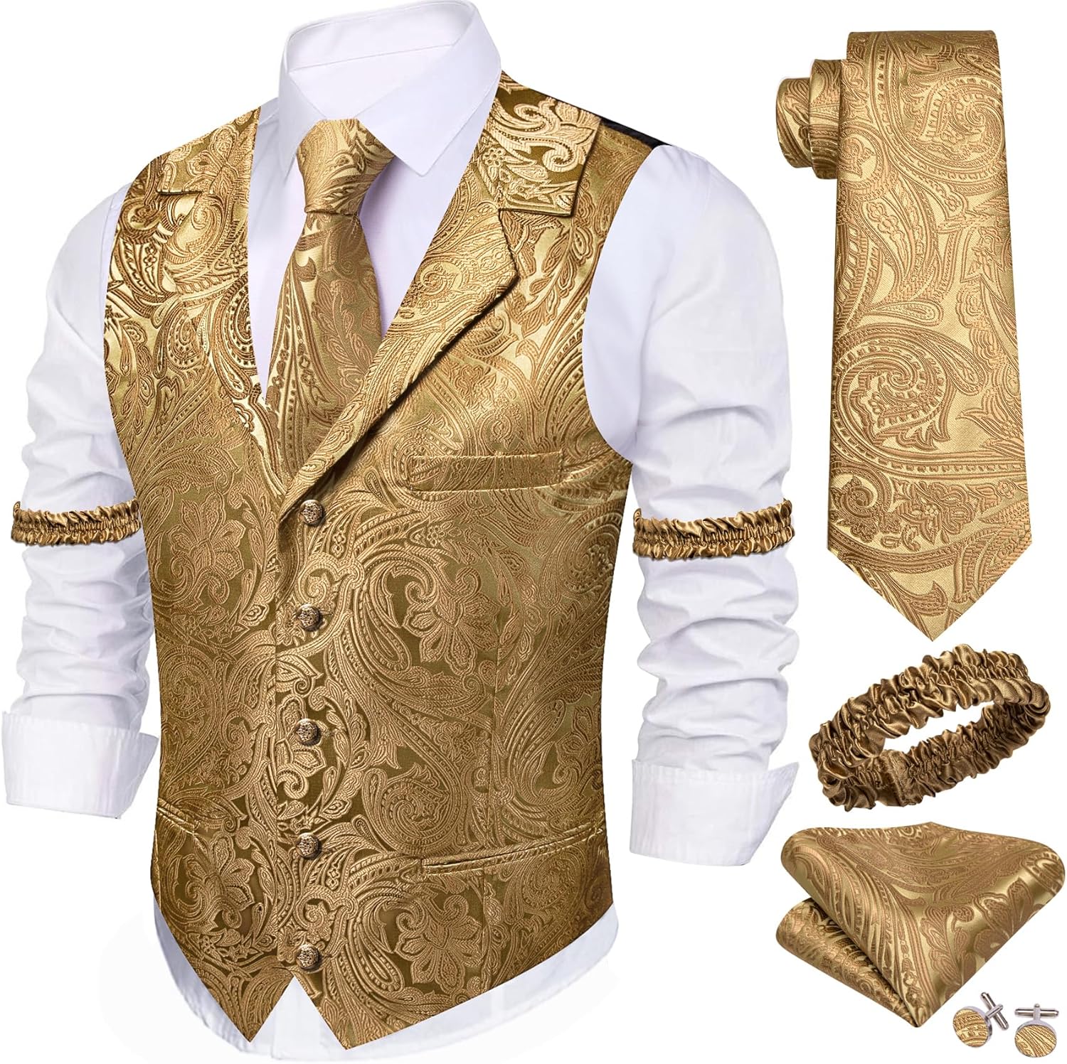 Barry.Wang Mens Silk Lapel Vest Tie Sleeve Holder Set for Weddings