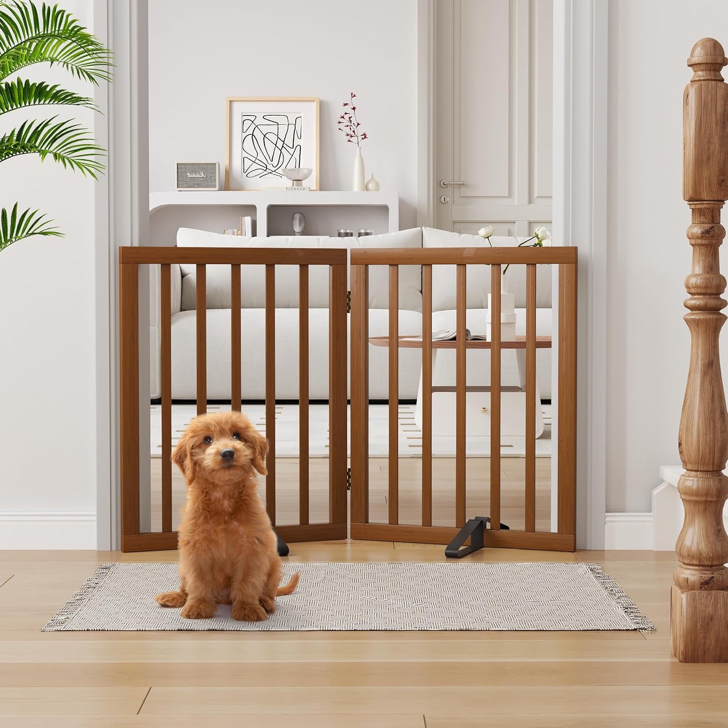 Freestanding Dog Gate Indoor 2-Panel Bamboo Pet Gate for Home
