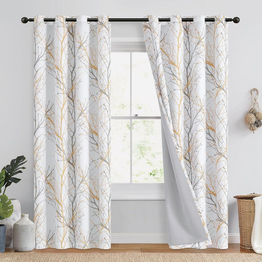 100% Blackout Curtains with Yellow White Tree Pattern for Home