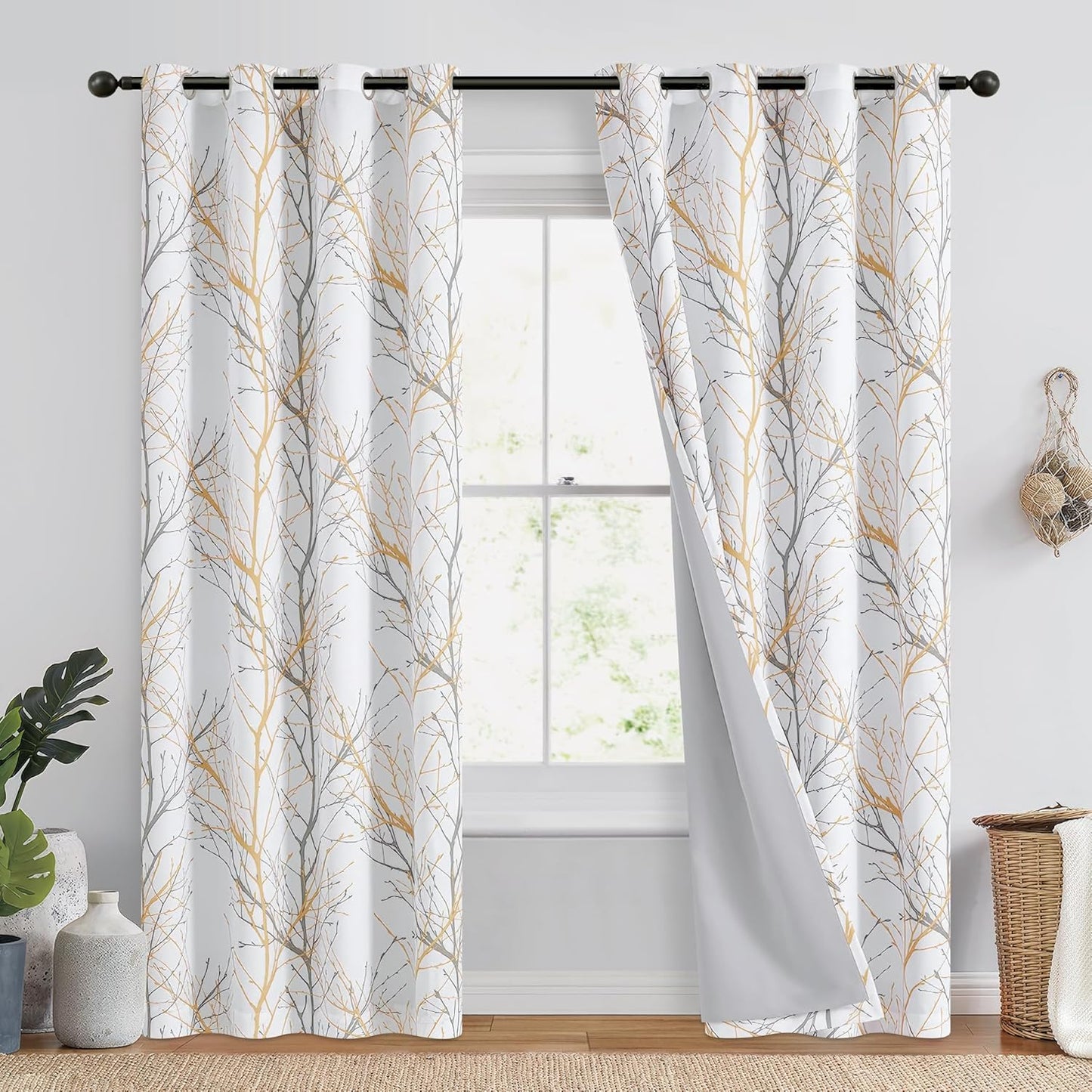 100% Blackout Curtains with Yellow White Tree Design for Home