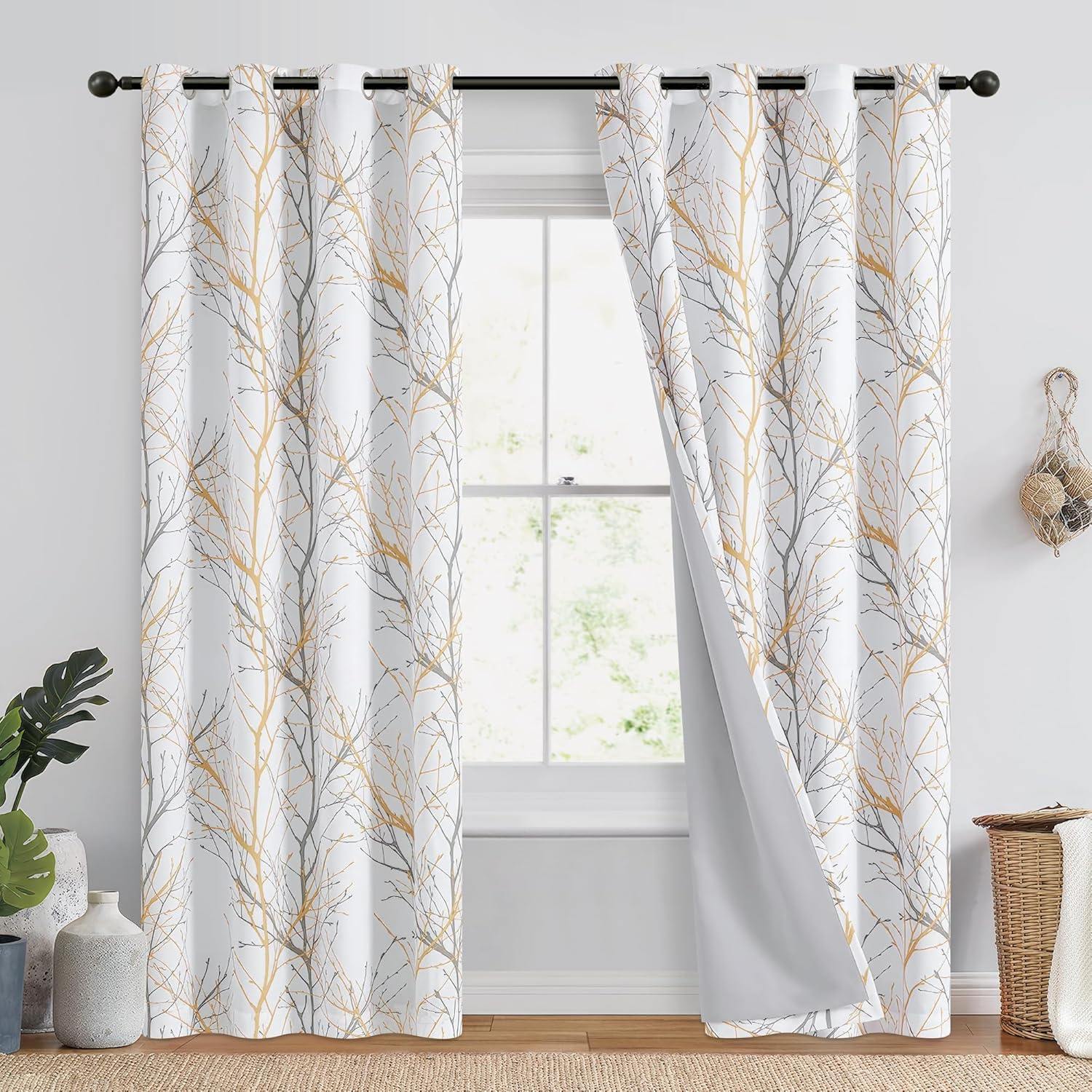 100% Blackout Curtains with Yellow White Tree Design for Home
