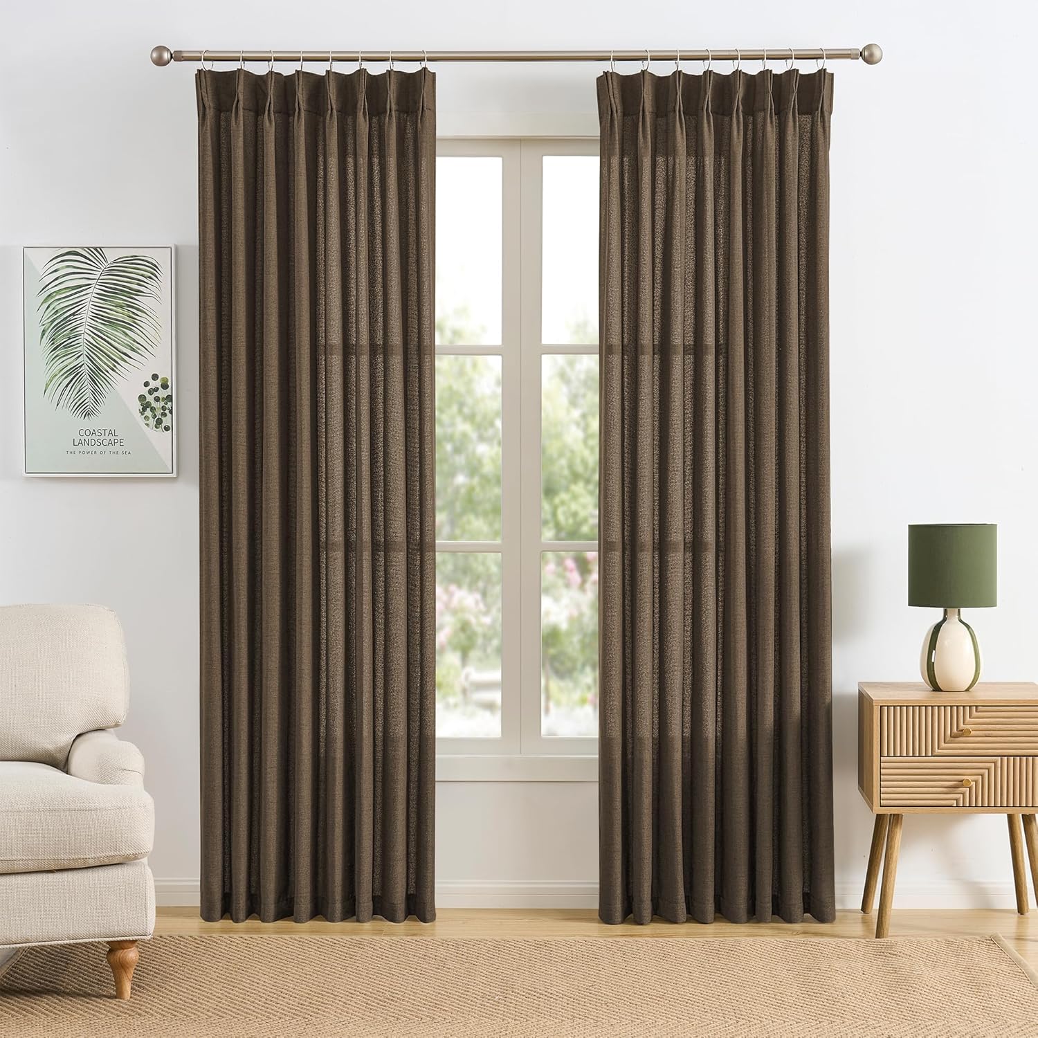 Brown Pleated Linen Curtains for Farmhouse Style Homes