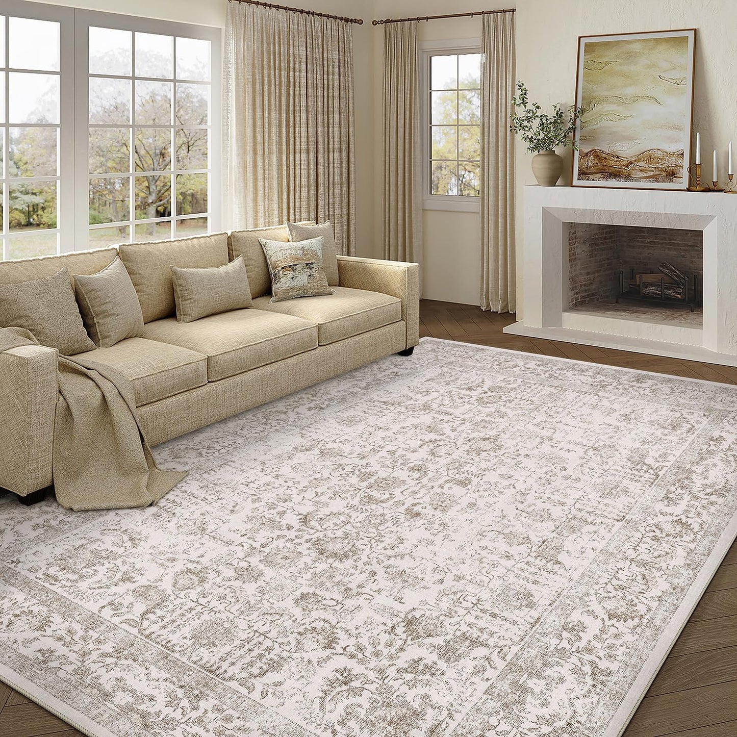 Light Brown Area Rug 9x12 Machine Washable Vintage Style Carpet