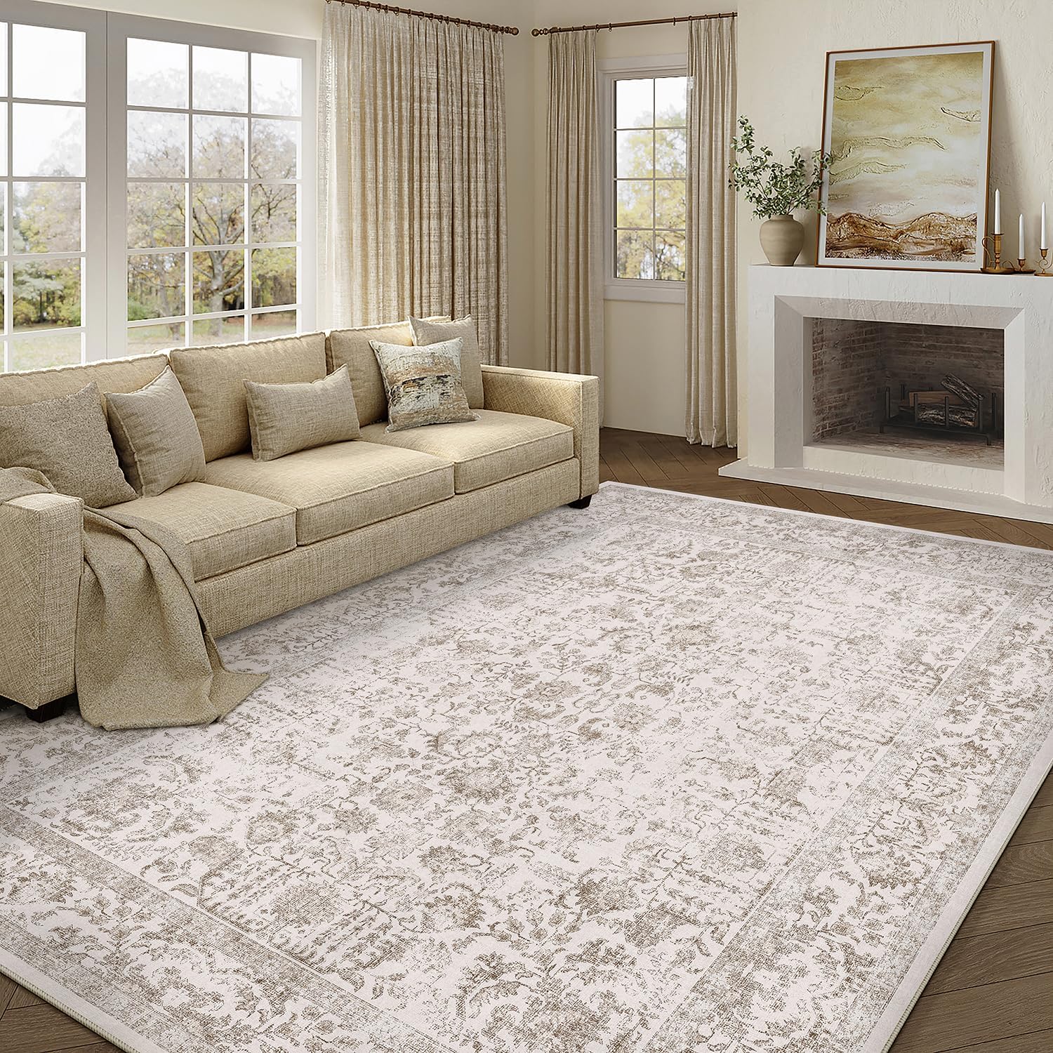 Light Brown Area Rug 9x12 Machine Washable Vintage Style Carpet