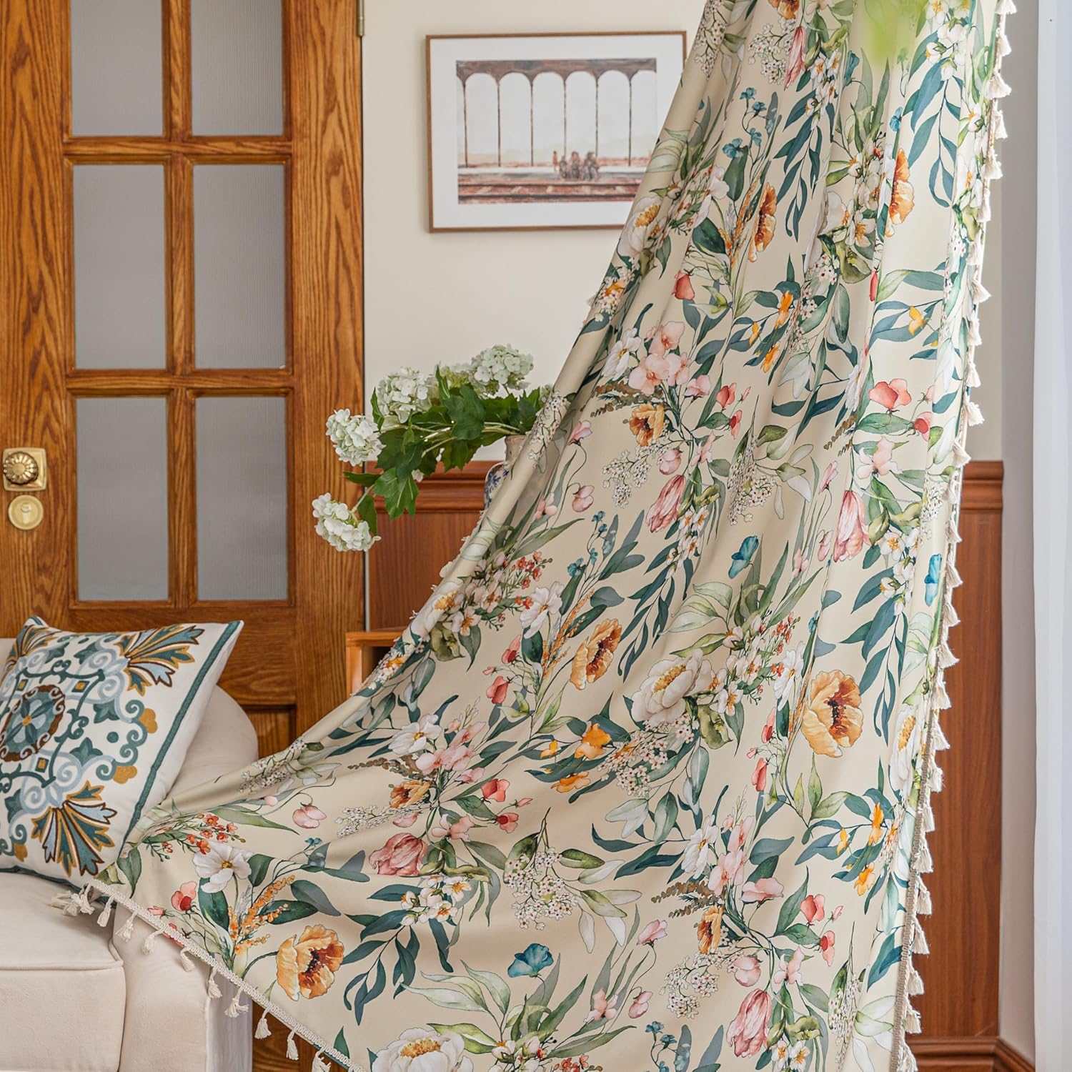 Boho Floral Curtains for Living Room - Light Filtering Drapes