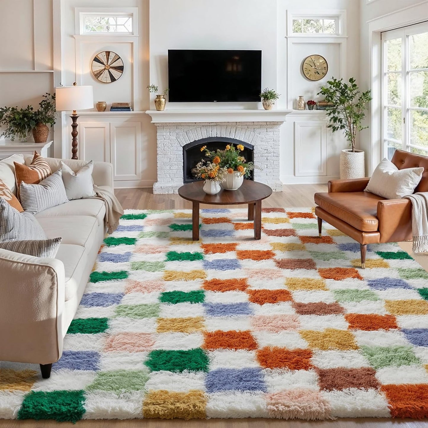Checkered Rug 6x9 for Living Room - Modern Neutral Shag Rug