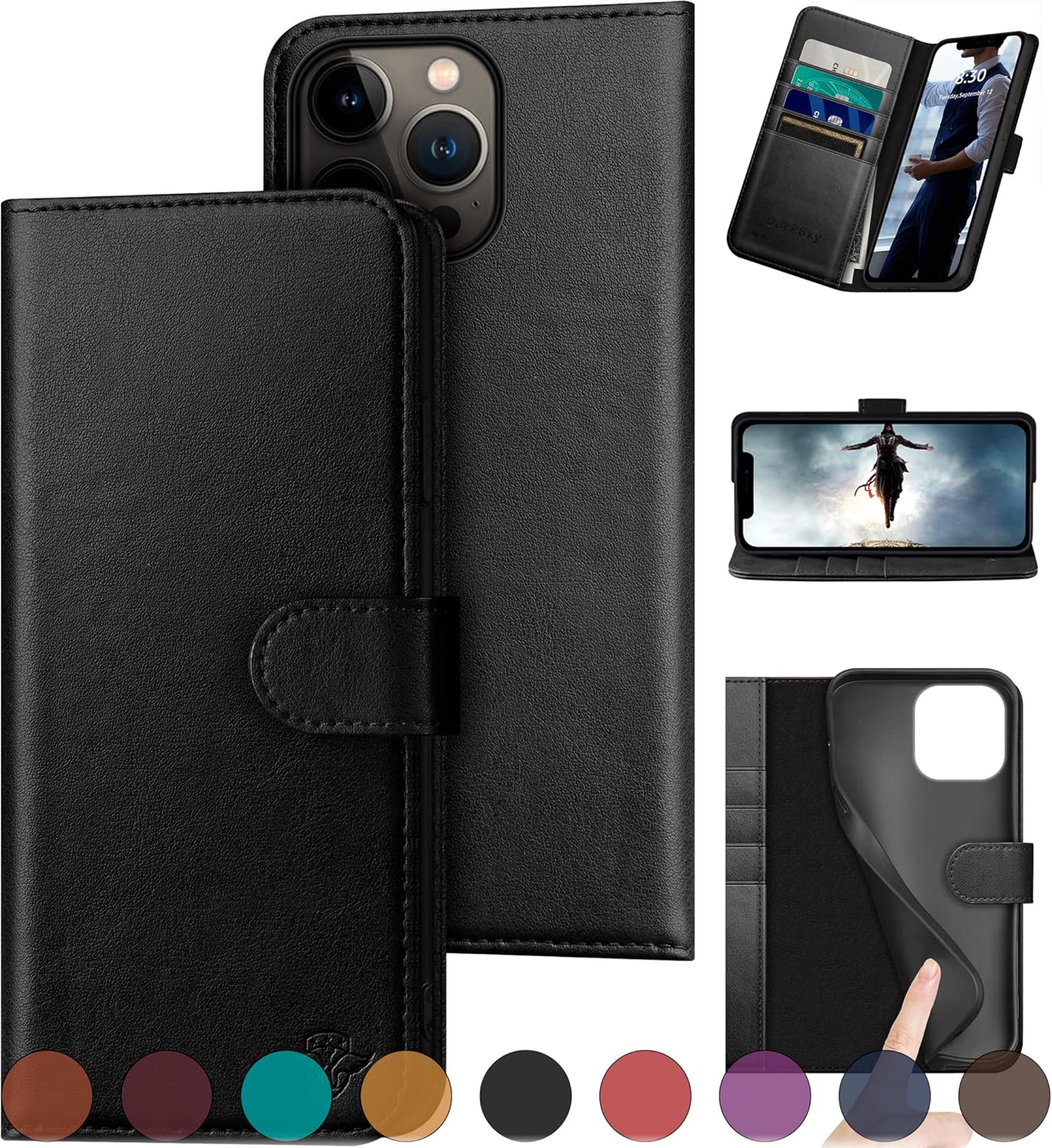 Genuine Leather Wallet Case for iPhone 15 Pro Max with RFID Blocking