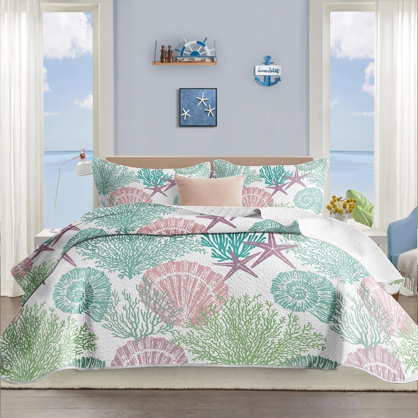 Coastal Quilt Set King Size - Reversible Microfiber Bedding