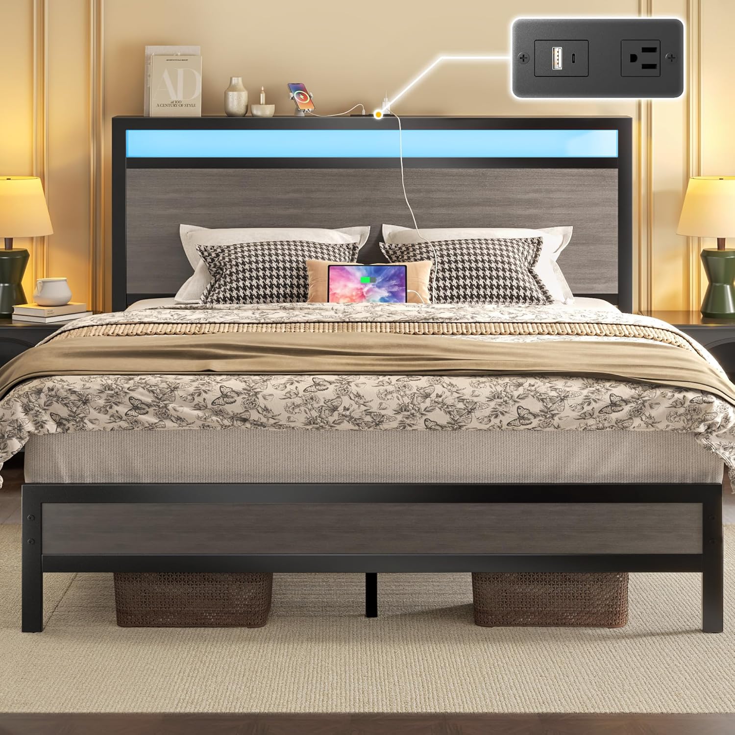 Queen Bed Frame with Headboard, Charging Station & LED Light