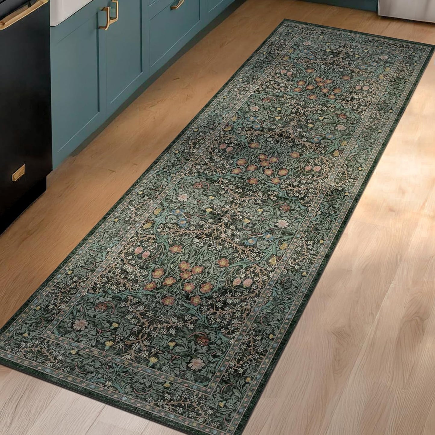 Non Slip Dark Green 2x6 Kitchen Runner Rug for Vintage Charm