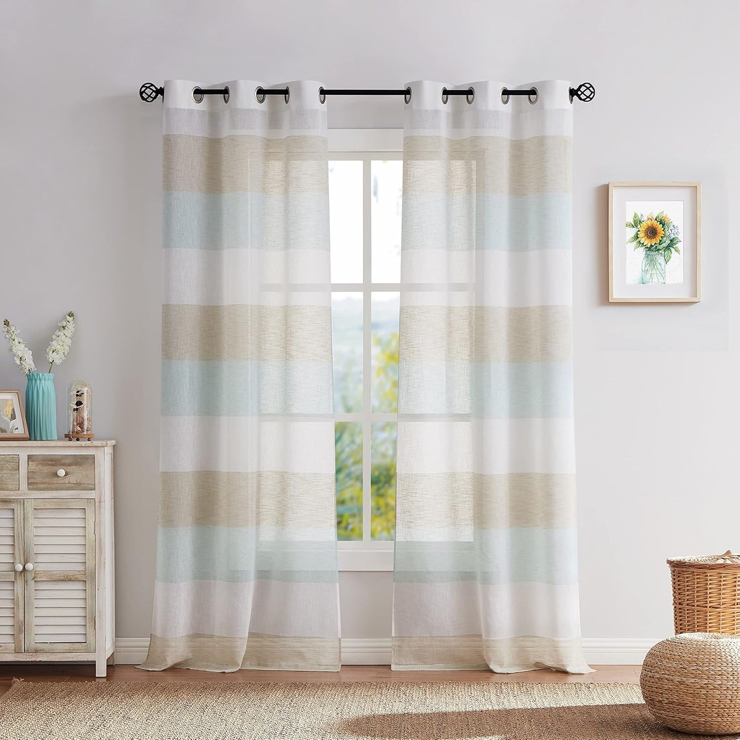 Central Park Tan and Spa Blue Stripe Sheer Window Curtain Panels