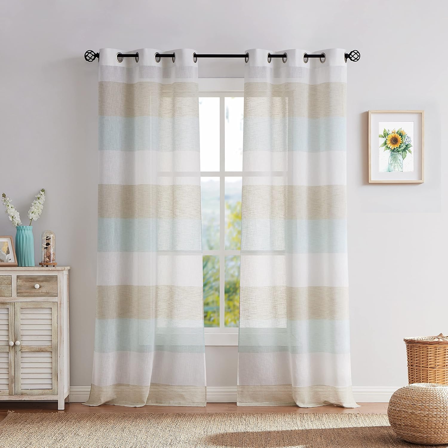 Central Park Tan and Spa Blue Stripe Sheer Window Curtain Panels