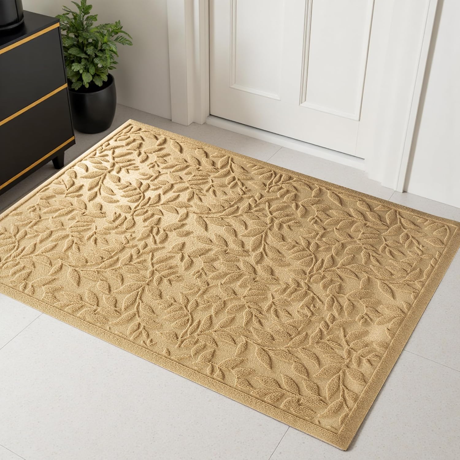 Beige Leaves Outdoor Indoor Entrance Door Mat for All Seasons