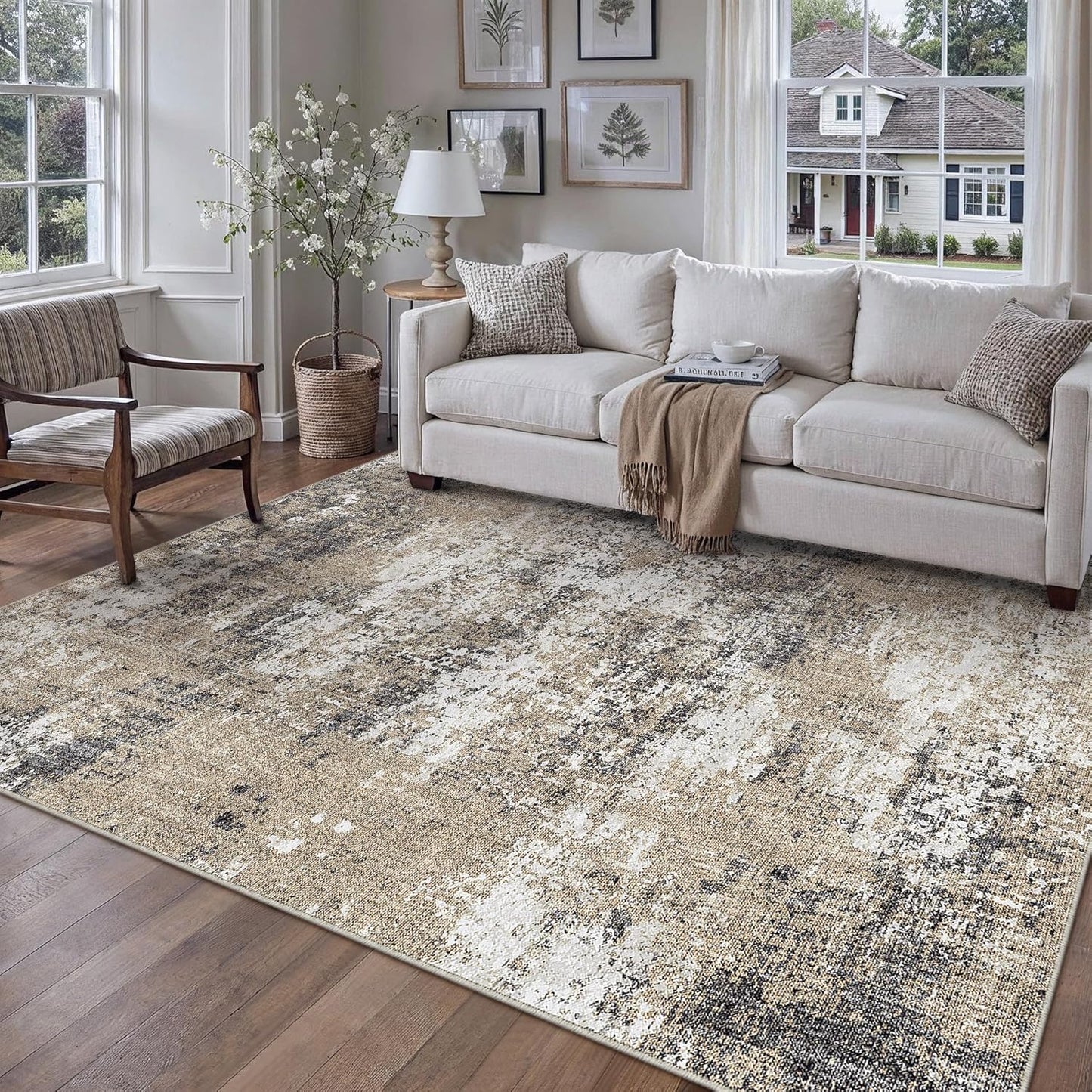 5x7 Abstract Area Rug Brown Washable Non Slip Living Room Carpet