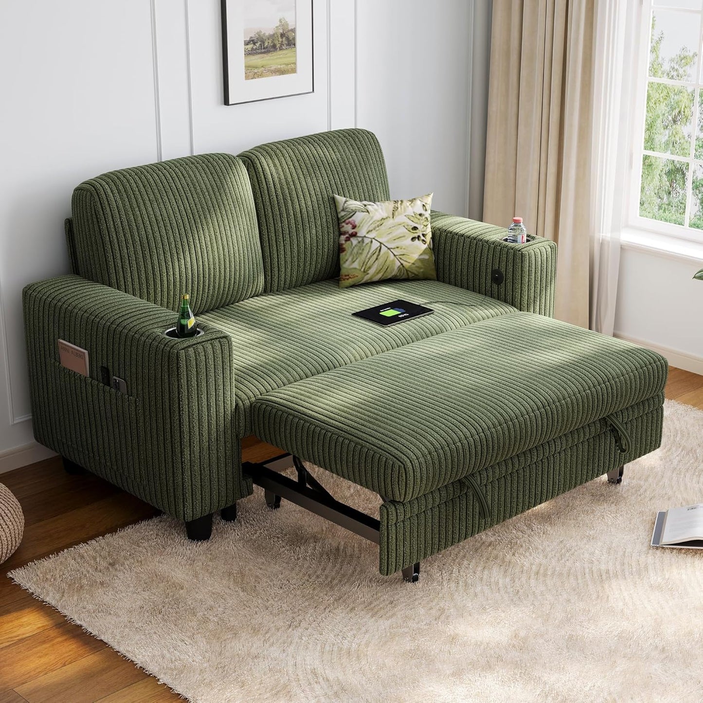 LINSY HOME Loveseat Sofa with Pull Out Couch Chaise for Comfort