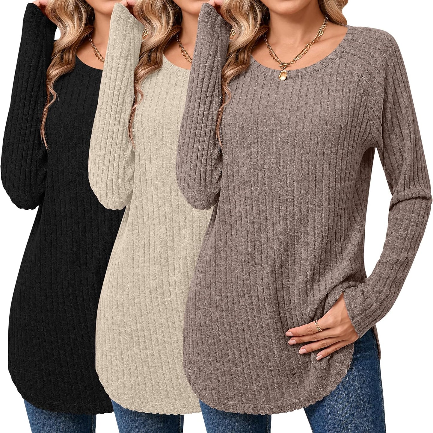 Ficerd Women's Curved Hem Long Sleeve Sweaters for Fall Style