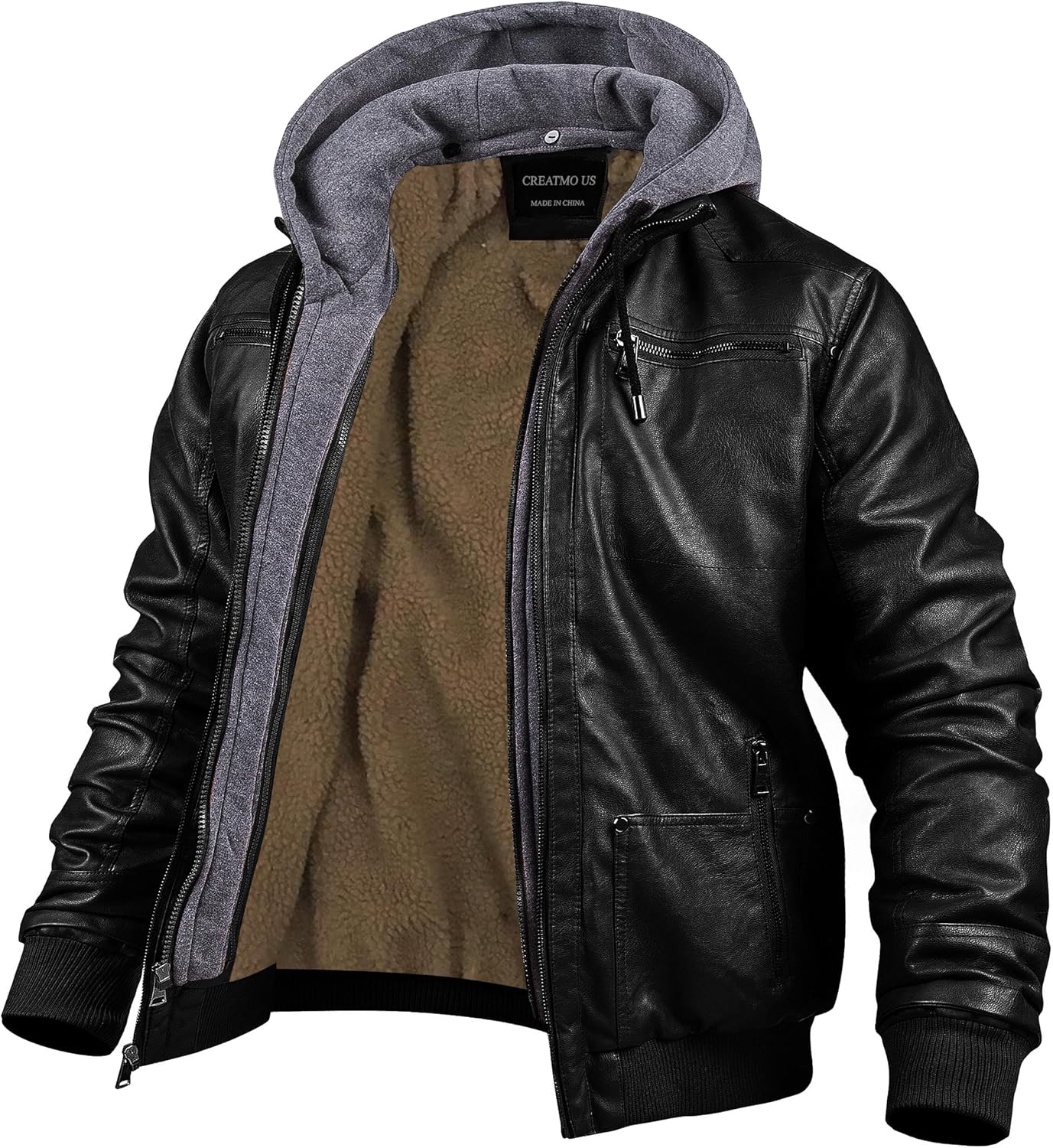Men's Faux Leather Motorcycle Jacket with Removable Hood