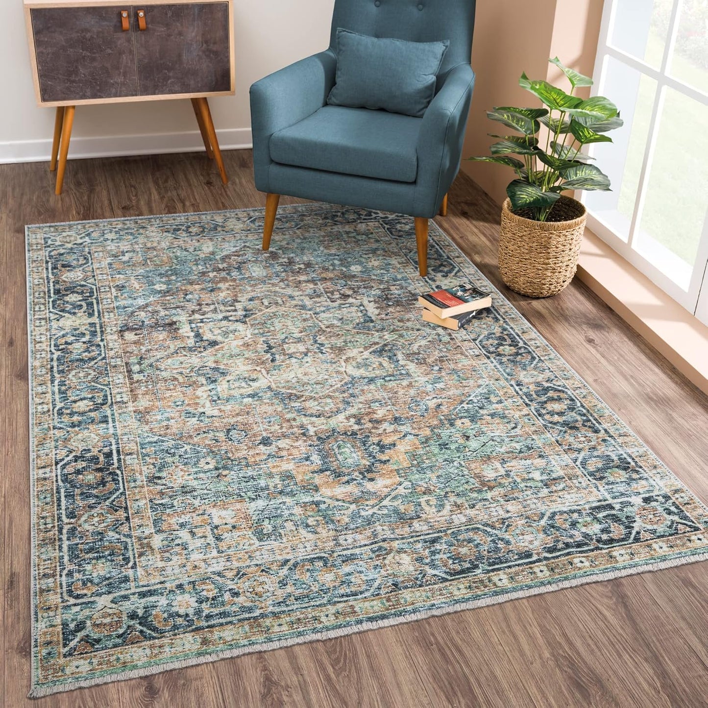 Caria Washable Non-Slip 6x9 Rug - Blue Green/Tangerine Design