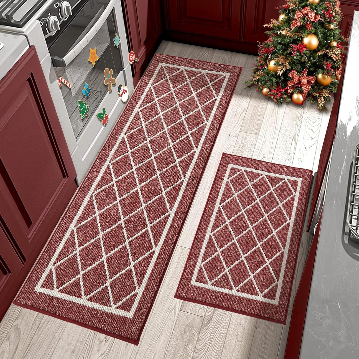 Non-Slip Kitchen Mats for Floor - 2PCS Red Kitchen Rugs