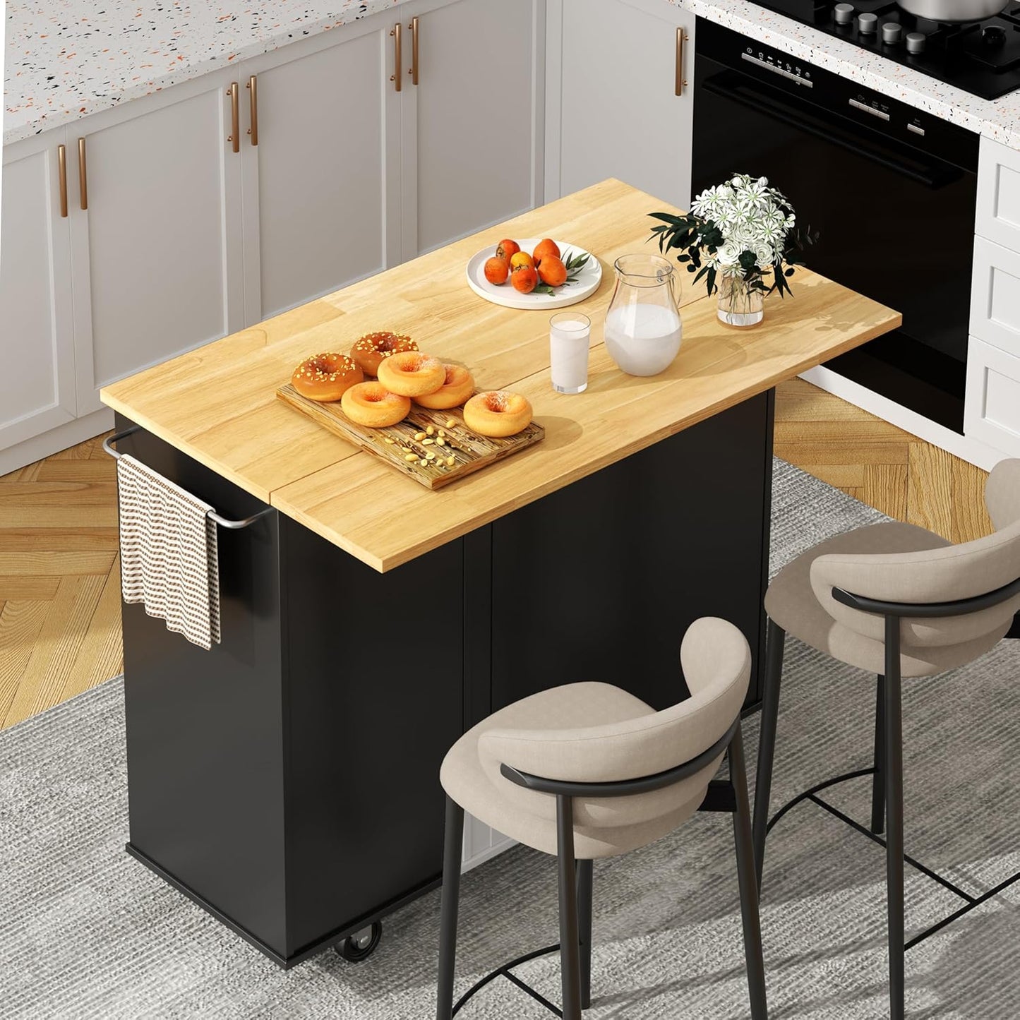 Shintenchi Kitchen Island with Folding Drop Leaf for Dining
