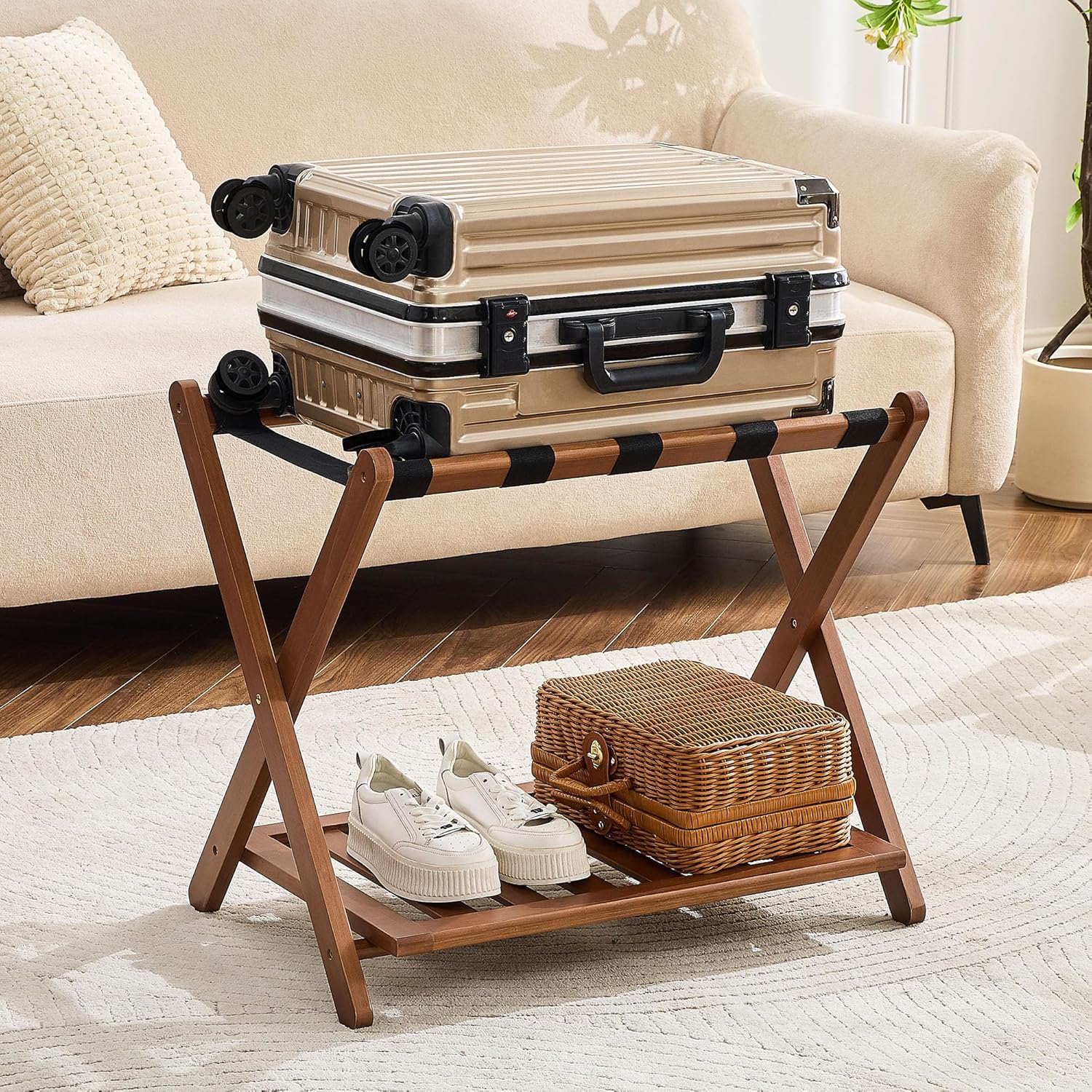 Fully Assembled Bamboo Luggage Rack for Guest Room Storage