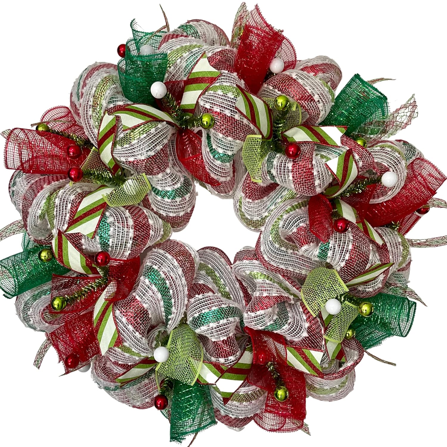 Handmade Christmas Ribbon Wreath in Red and Green Stripes