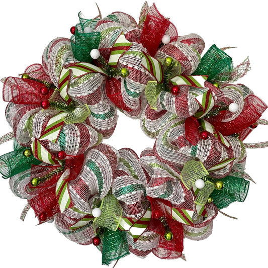 Handmade Christmas Ribbon Wreath in Red and Green Stripes