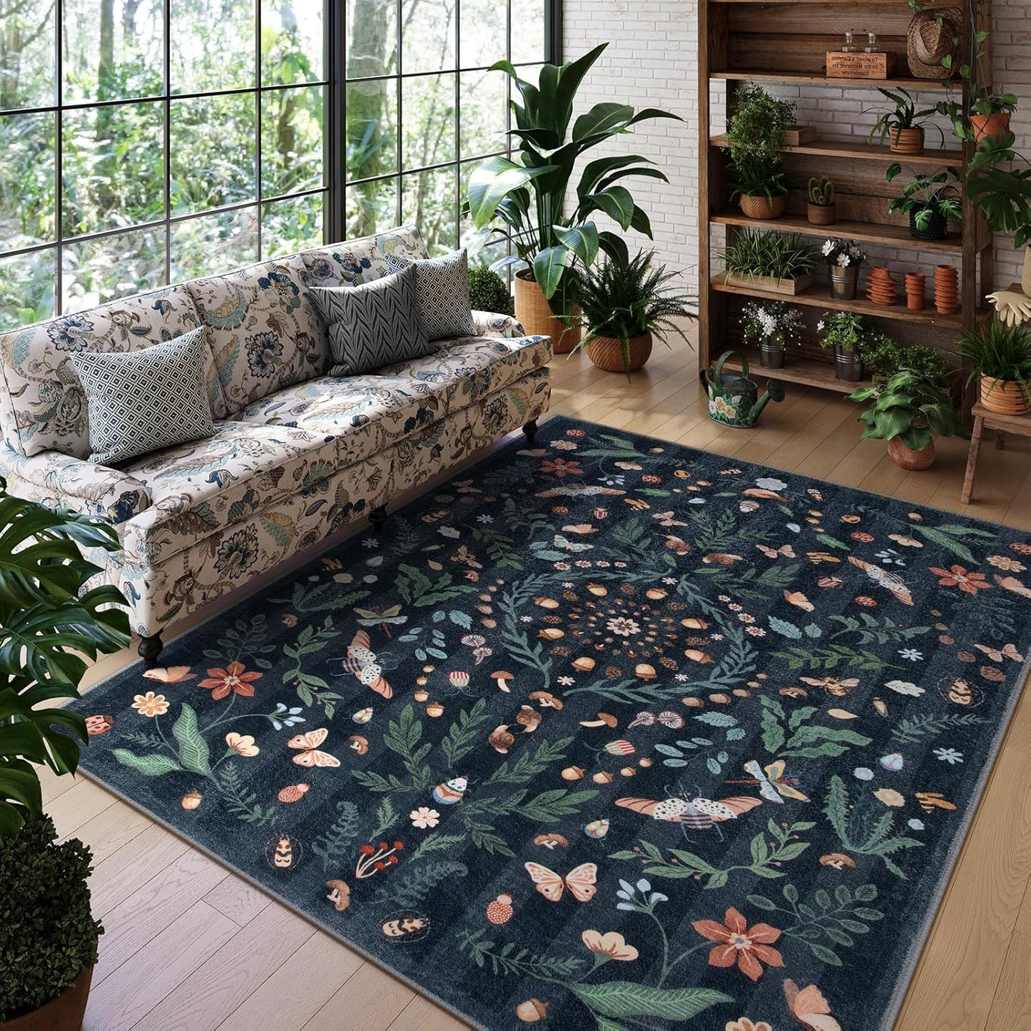Lahome Insect Botanical Washable Black 6x9 Area Rug for Home