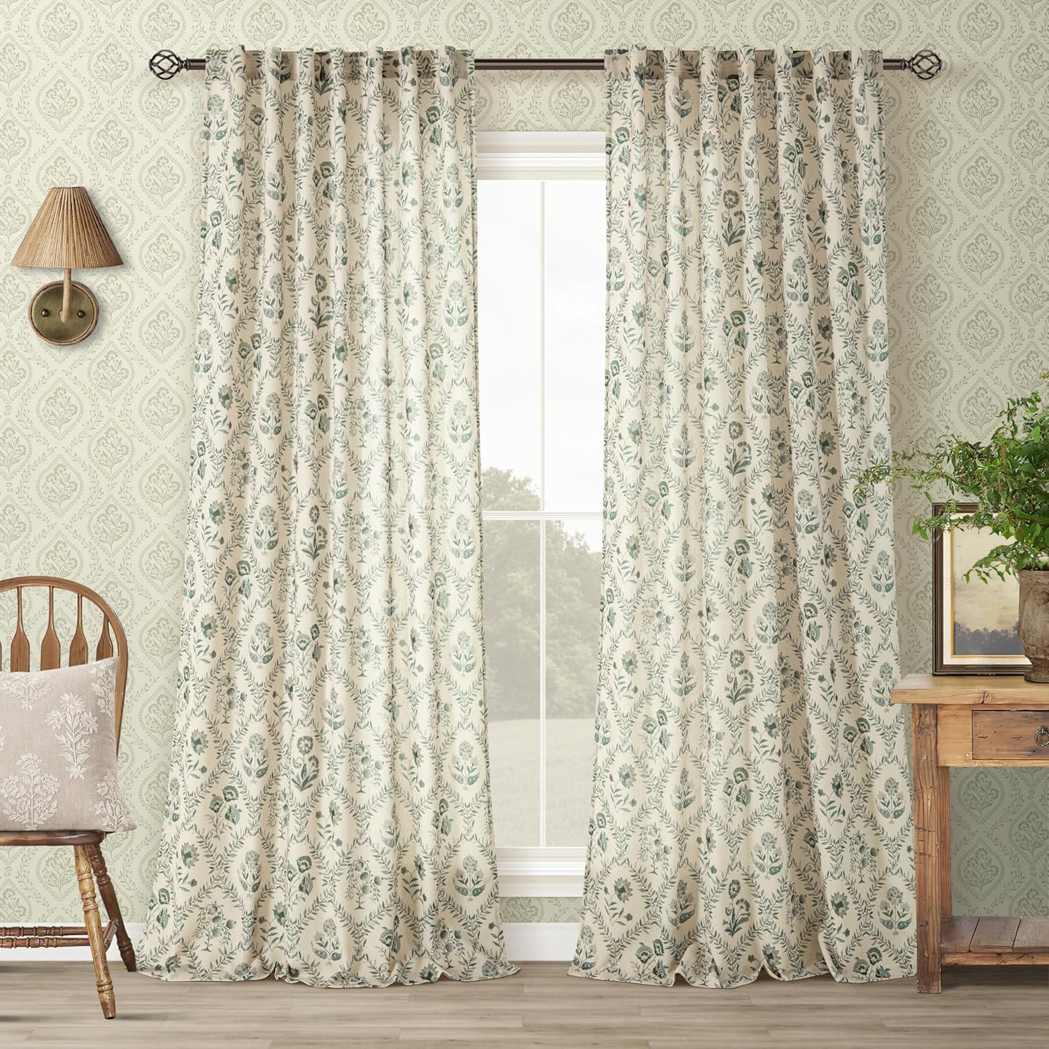 Green Floral Curtains 108 Inches Long for Vintage Country Decor