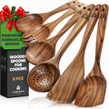 Wooden Spoons for Cooking Teak Wood 6-Piece Utensil Set - Gentle on