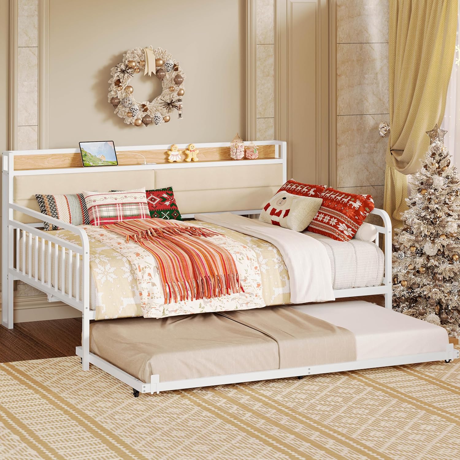 Sturdy Metal Full Size Daybed with Trundle and Charging Station