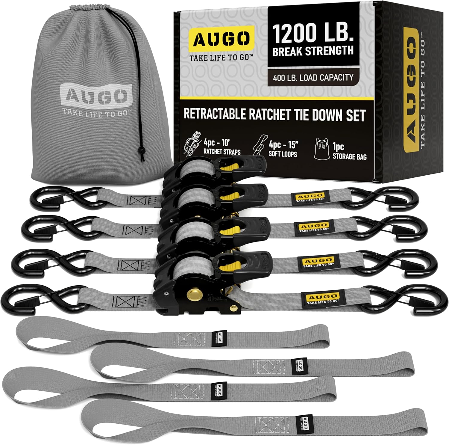 AUGO Retractable Ratchet Straps for Heavy Duty Cargo Securement