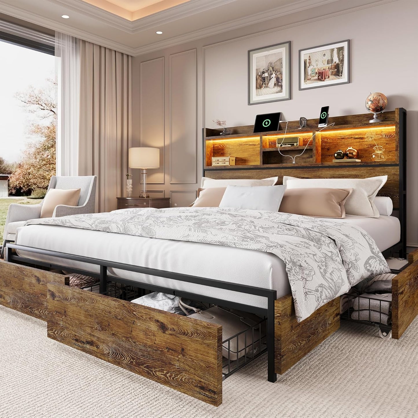 LARMACE Queen Size Bed Frame with Storage and LED Lights
