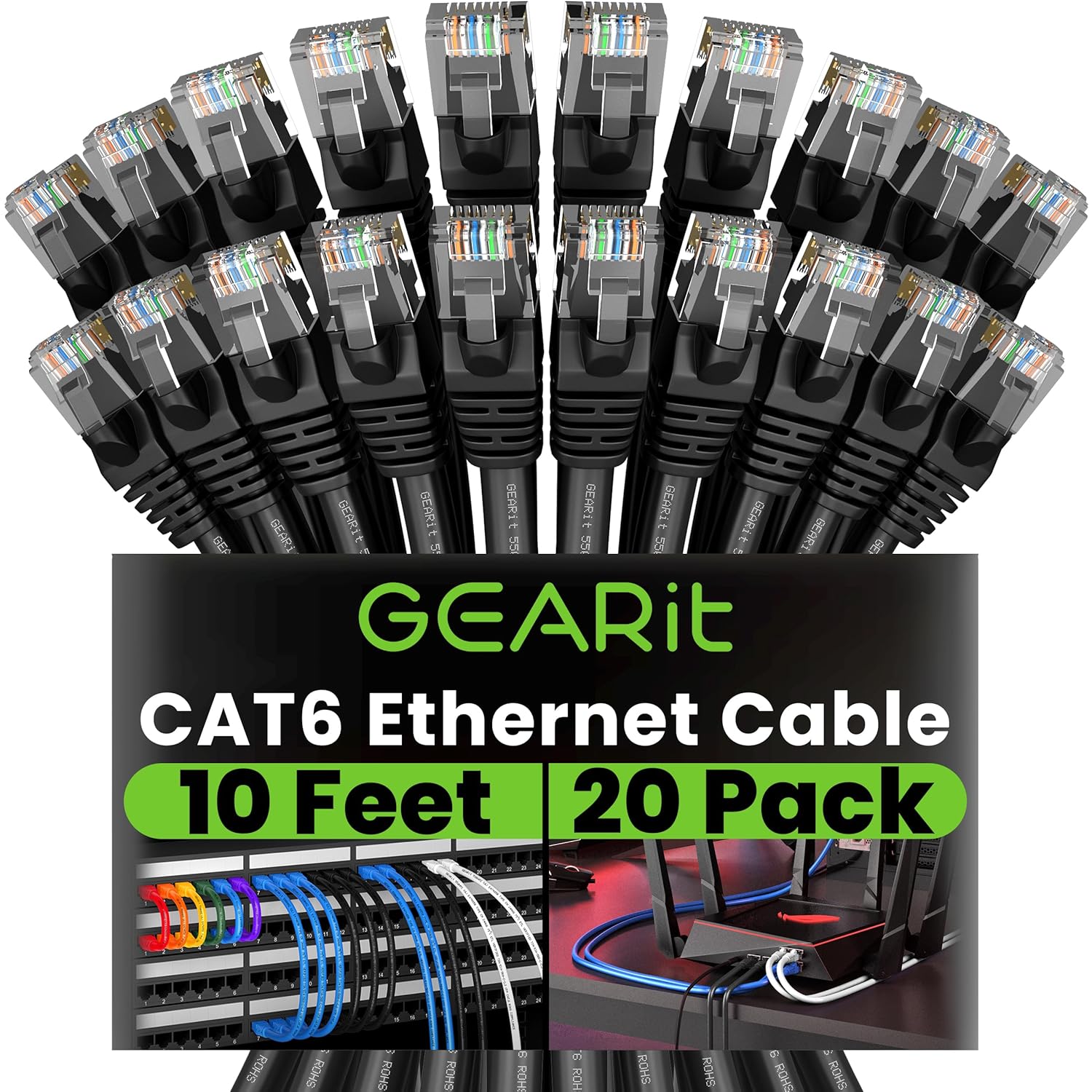 GearIT Cat 6 Ethernet Cable (20x 10ft) - High-Speed 10Gbps Network Patch
