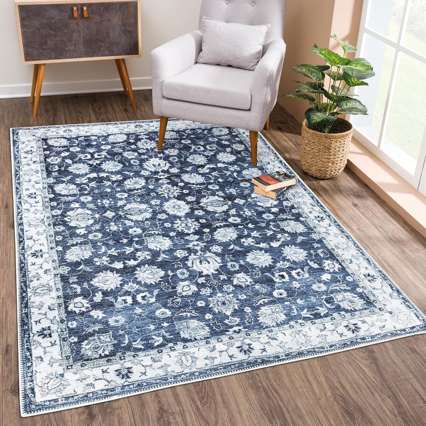 Washable Non-Slip 8ft x 10ft Dark Blue Area Rug for Home