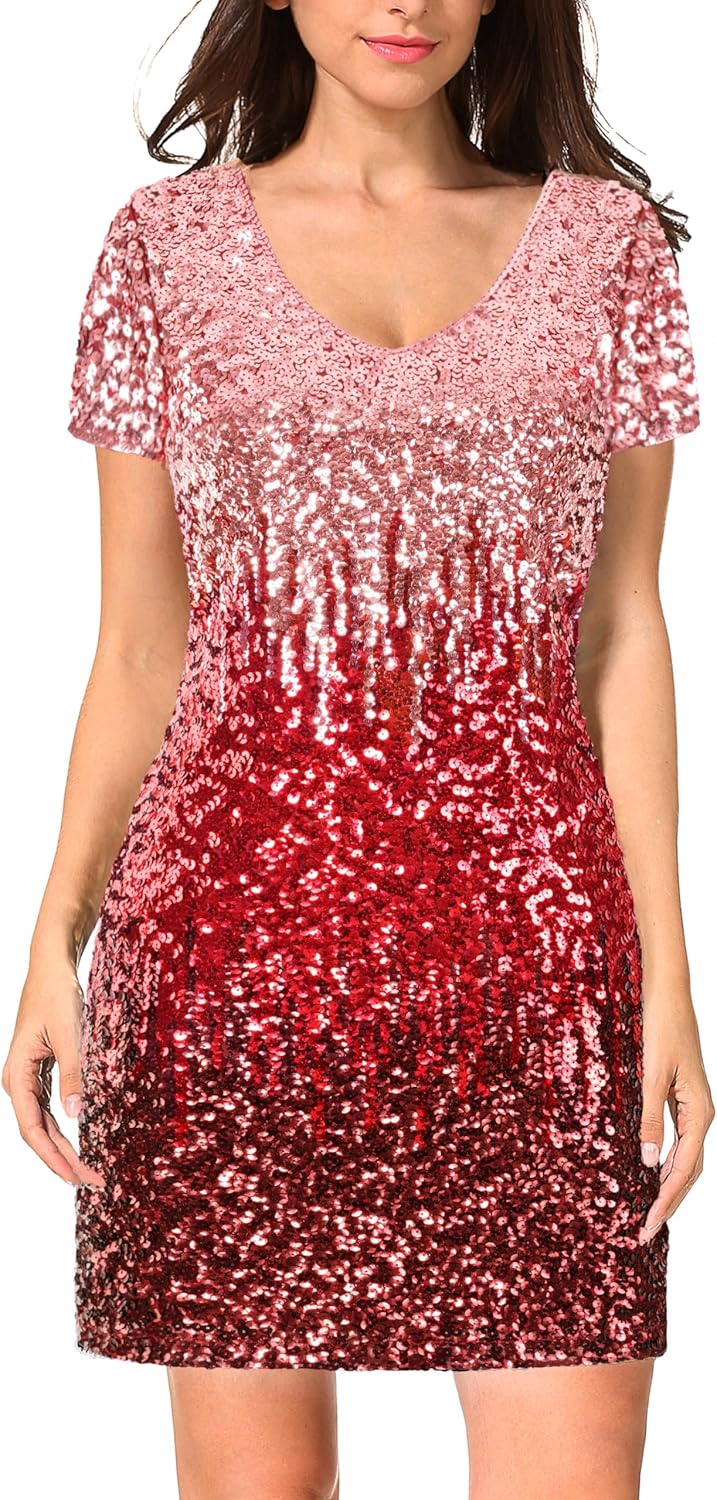 MANER Women's Sequin Glitter Short Sleeve Dress for Parties