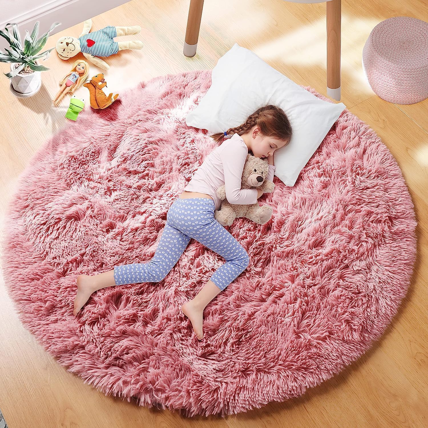 PAGISOFE 5Ft Round Rugs for Bedroom Girls, Furry Cute Decor