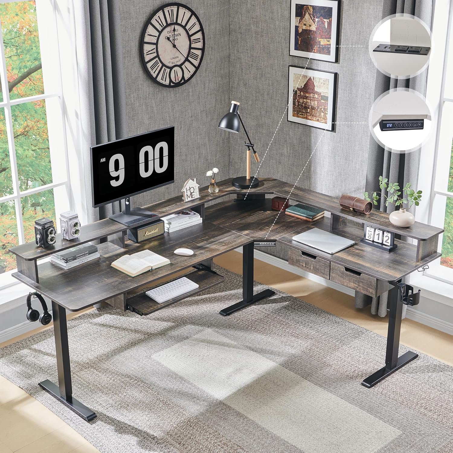 Height-Adjustable L-Shaped Gaming Desk with Drawers & LED Lights