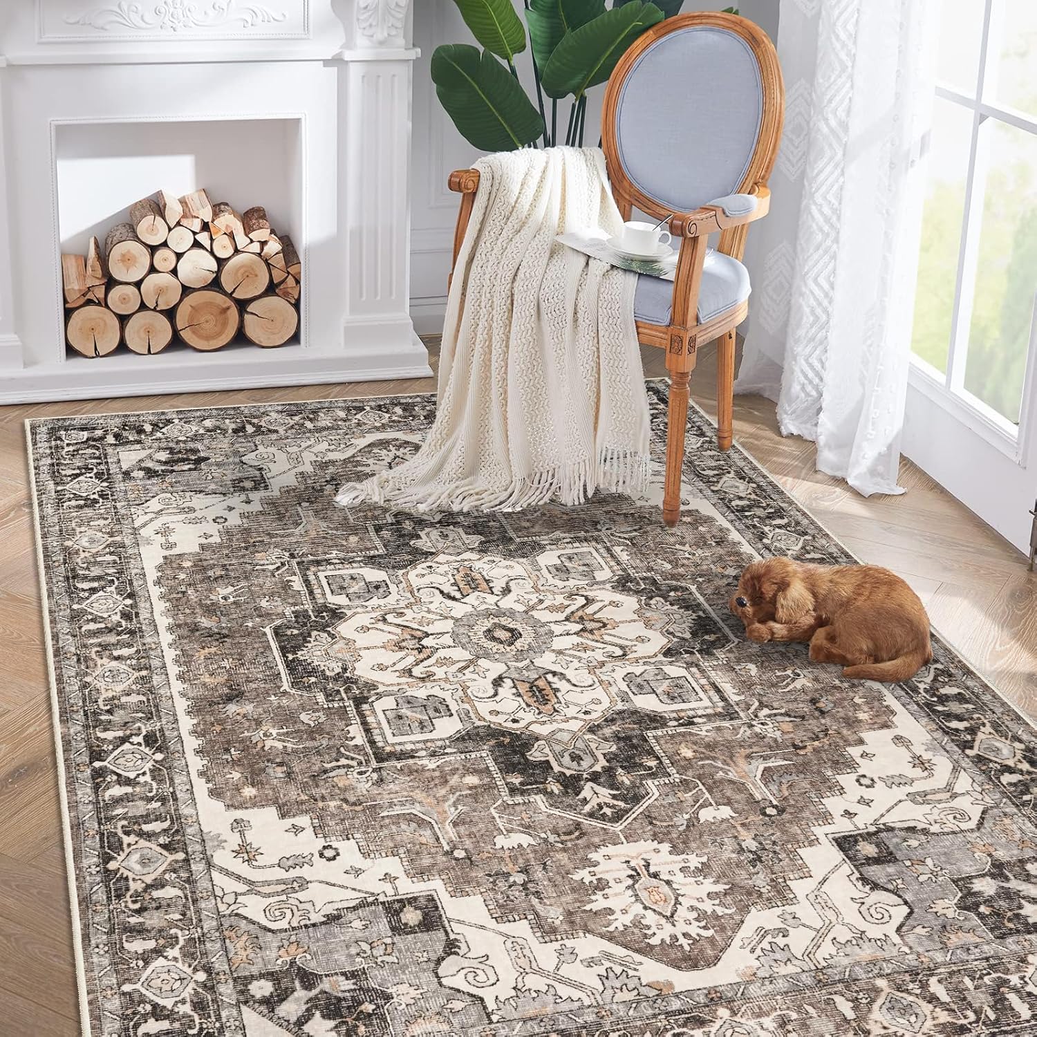 Washable Living Room Area Rug 5ftx7ft Distressed Non-Slip Carpet