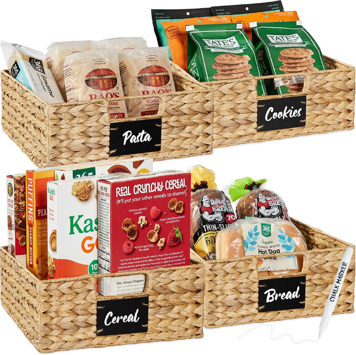 Set of 4 Water Hyacinth Pantry Baskets with Chalkboard Label